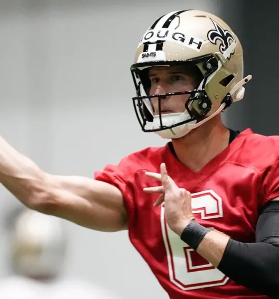 Saints rookie quarterback Tyler Shough throws a pass at rookie minicamp ahead of OTAs